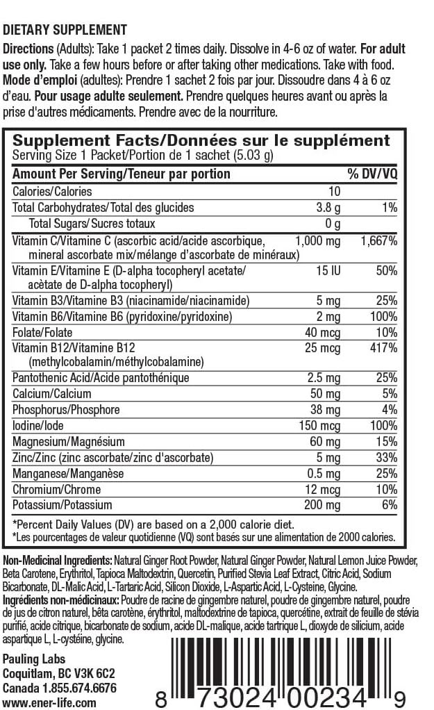 Ener-C Sugar-Free Lemon Ginger-Multivitamin drink -1000mg Vitamin C -30 Packets