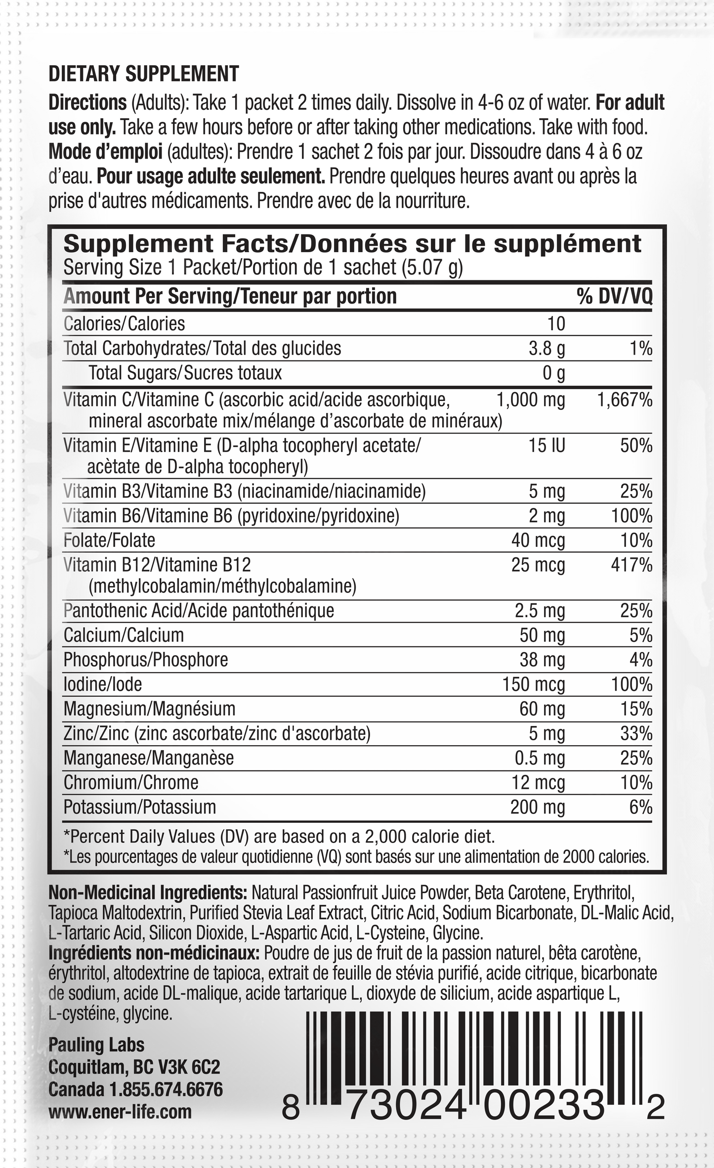 Ener-C Sugar-Free Passionfruit Sugar-Free Multivitamin drink mix 1000 mg Vitamin C -(30 Packets)